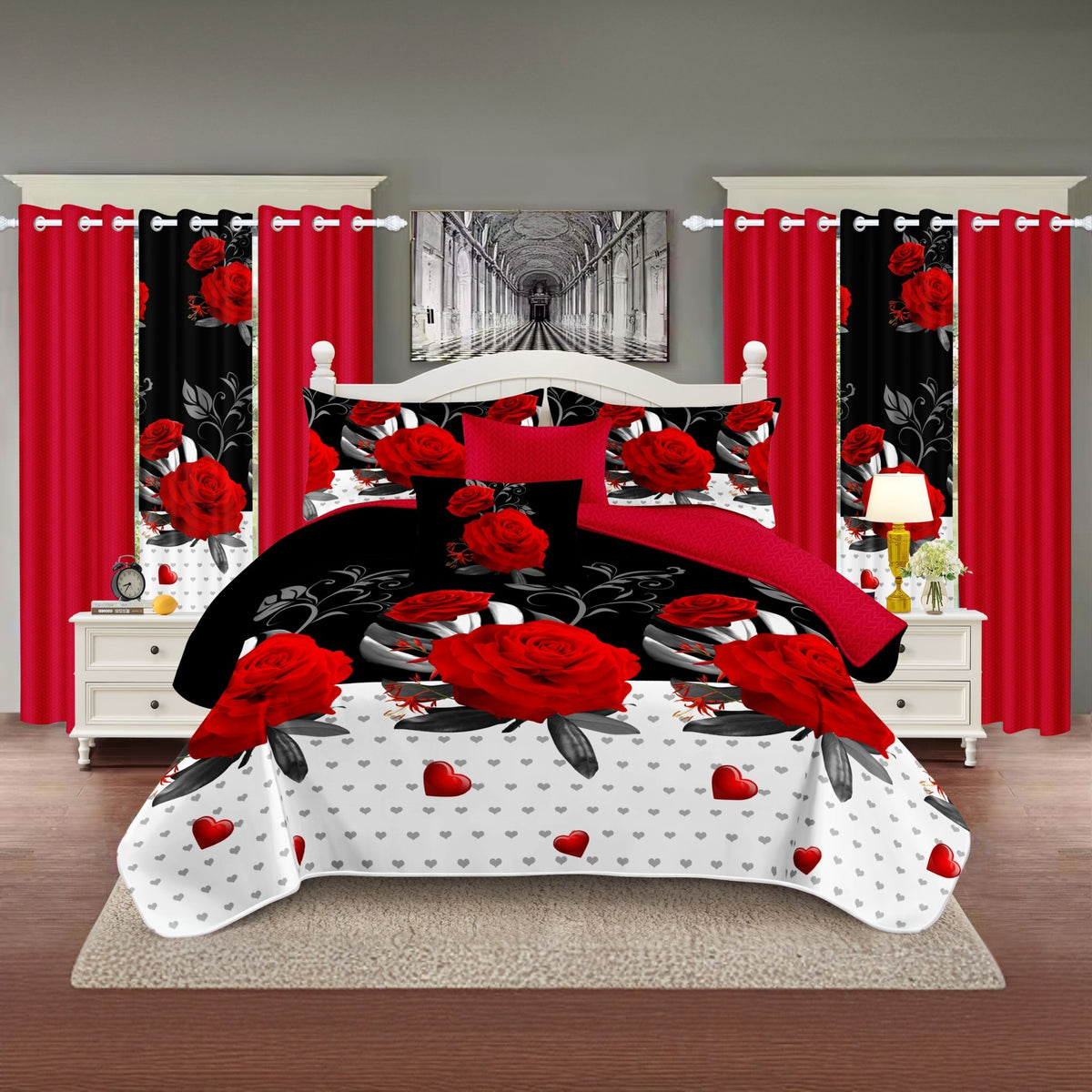 Red Peony Bedspread & Curtain Set – 9 Pieces