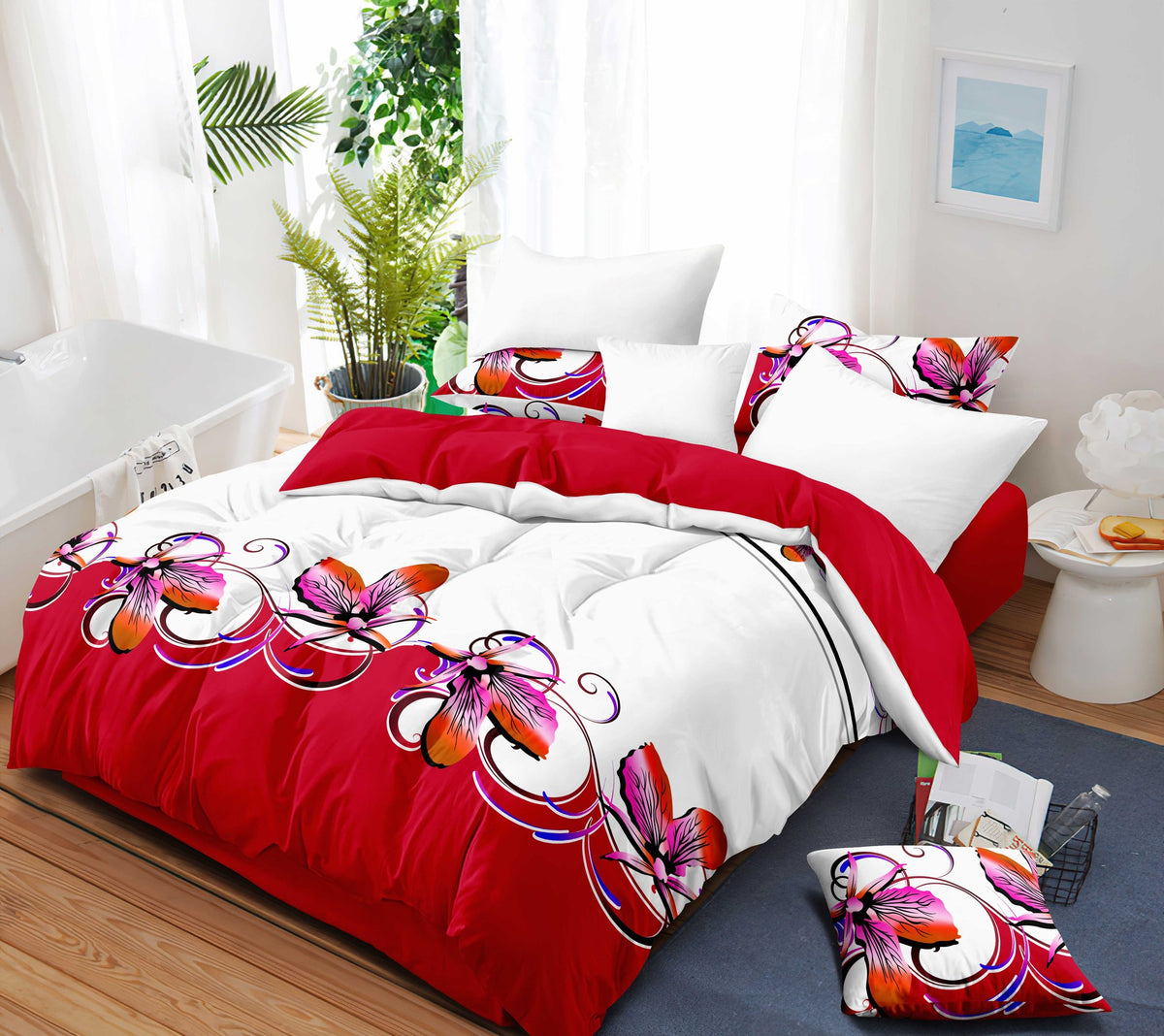 Red & White Butterfly bedspread and curtain set - coordinated bedroom