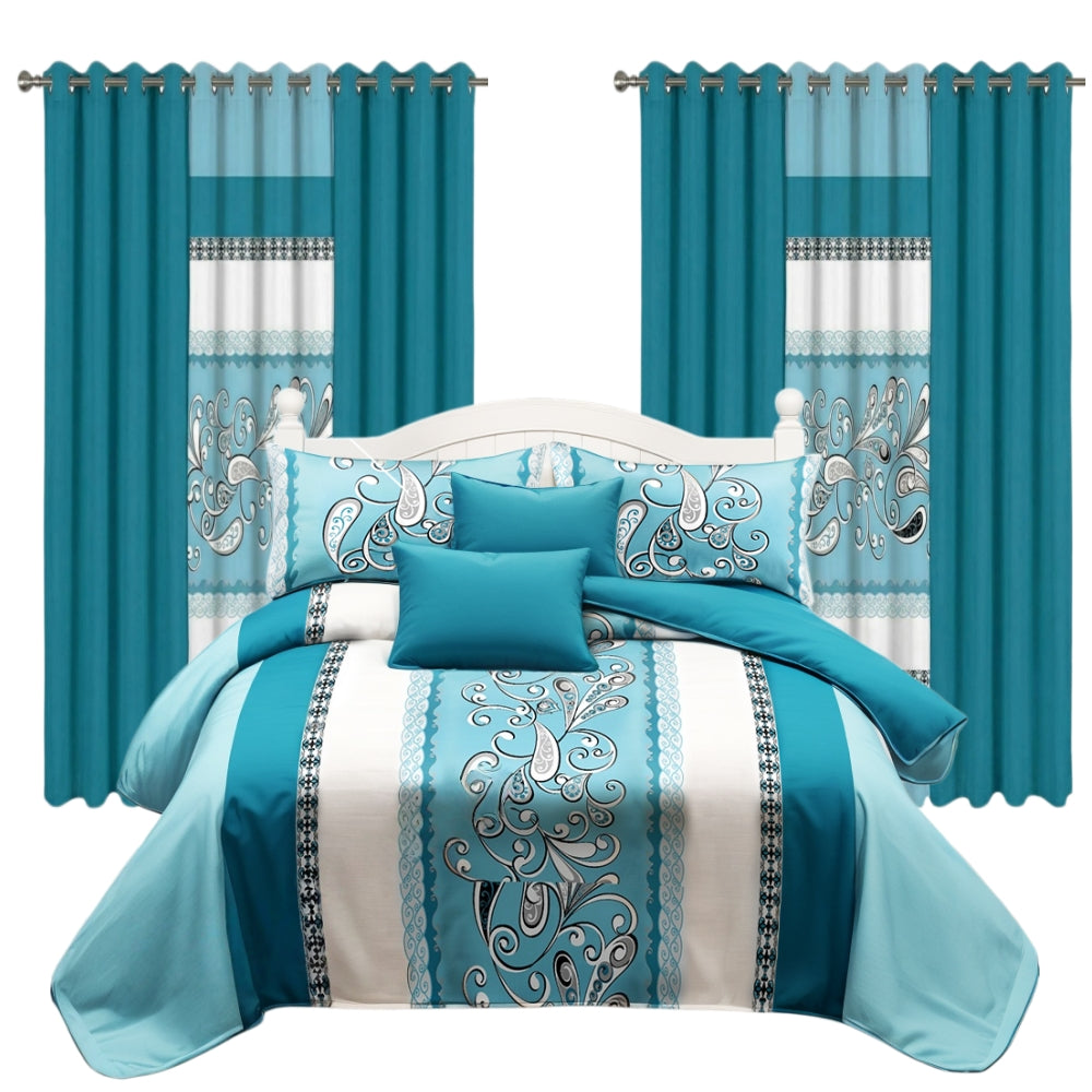 Turquoise Paisley Bedspread & Curtain Set – 9 Pieces