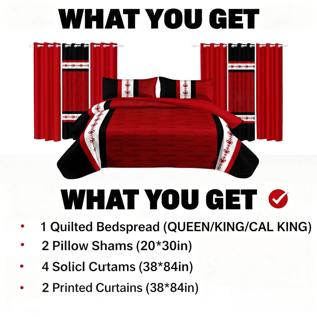 Black & Red Bohemian bedspread and curtain set - coordinated bedroom