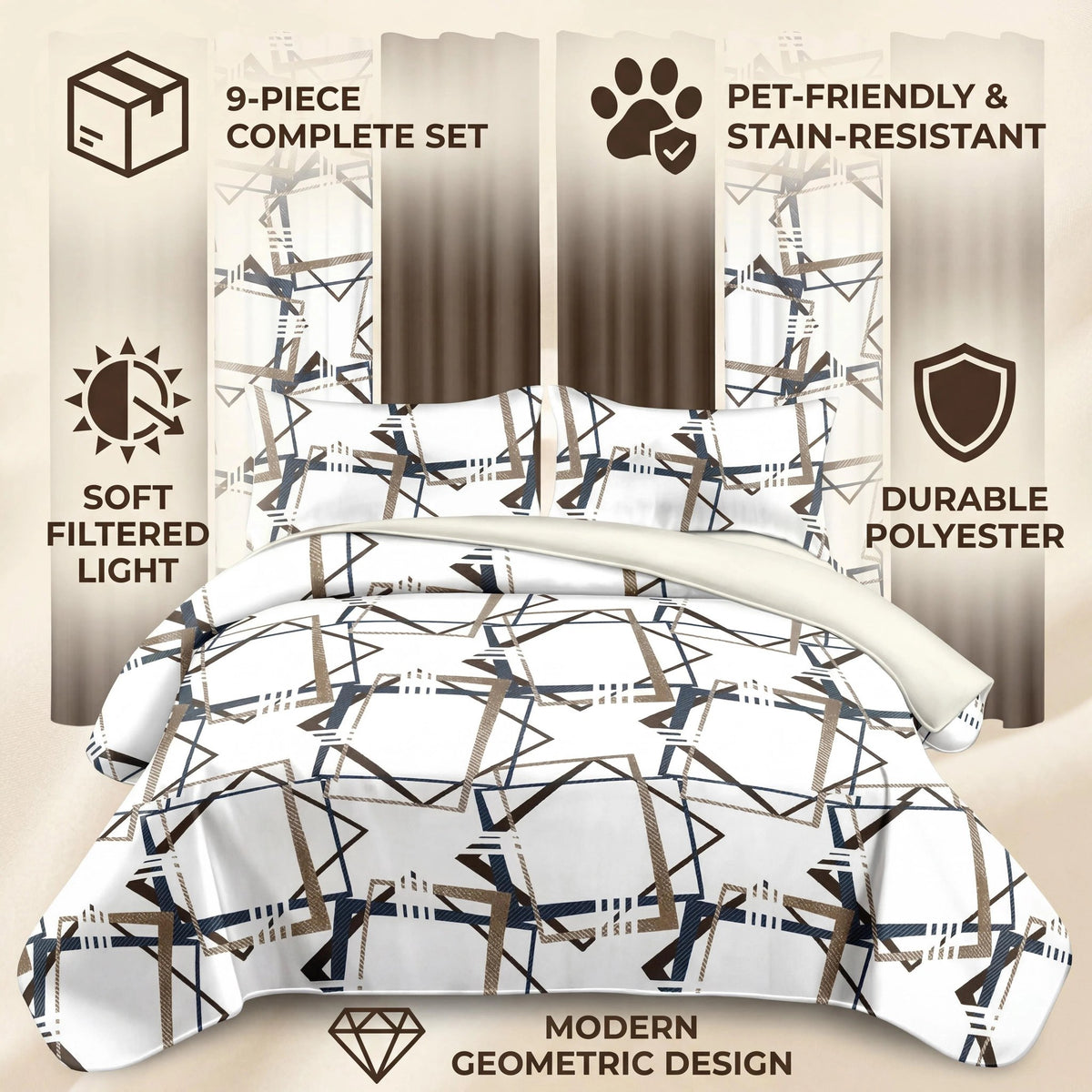 Brown Geometric bedspread and curtain set - coordinated bedroom