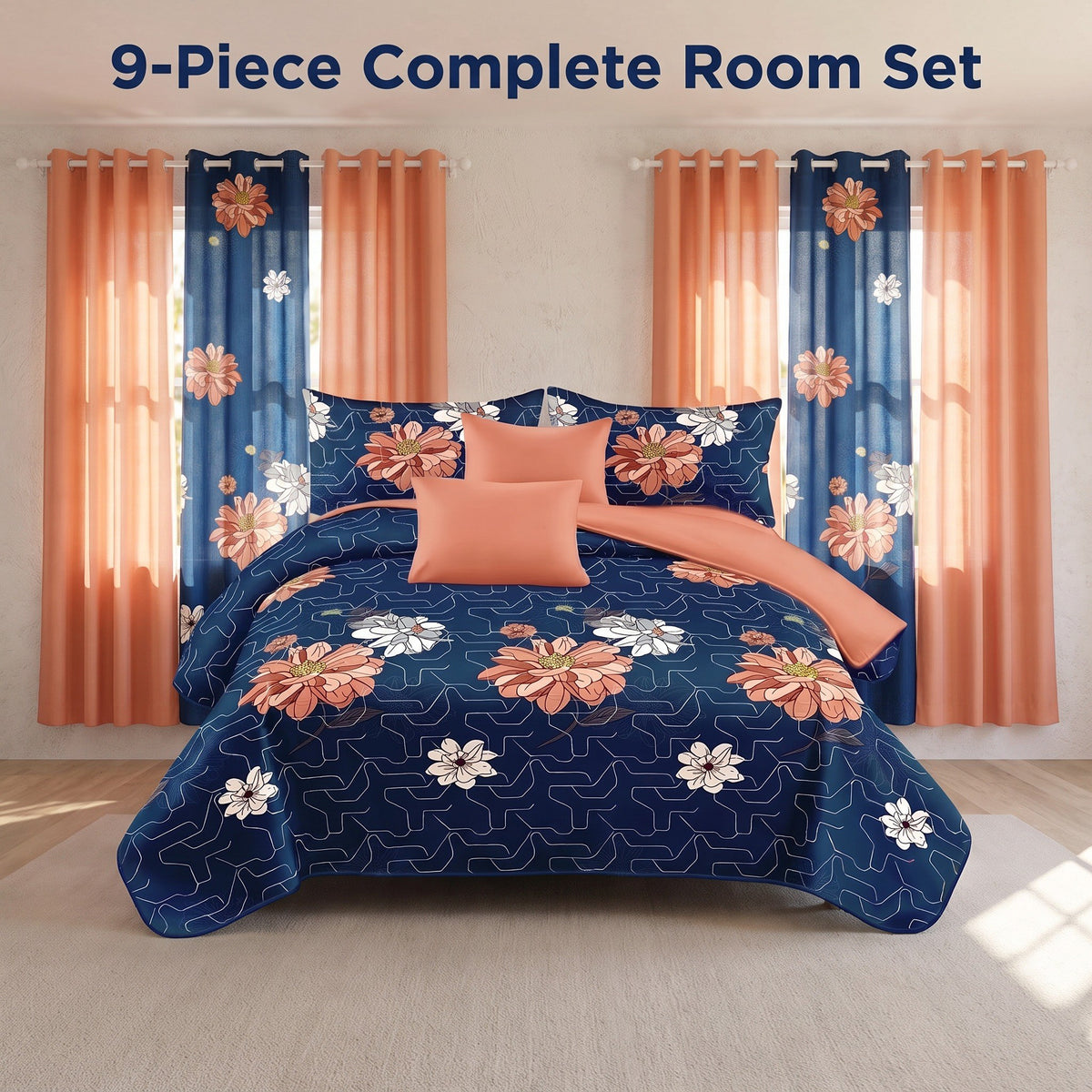 Navy & Red Floral bedspread and curtain set - coordinated bedroom