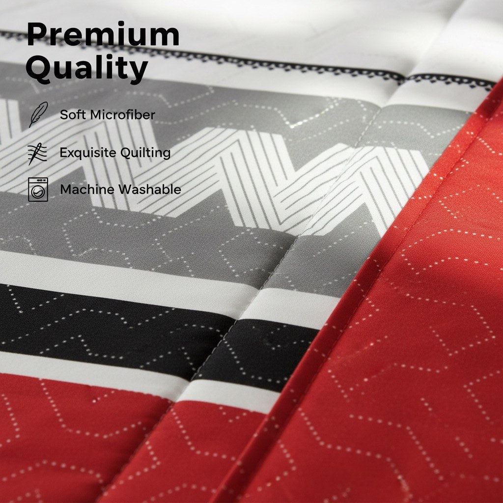 Red & Black Geometric Chevron bedspread and curtain set - coordinated bedroom
