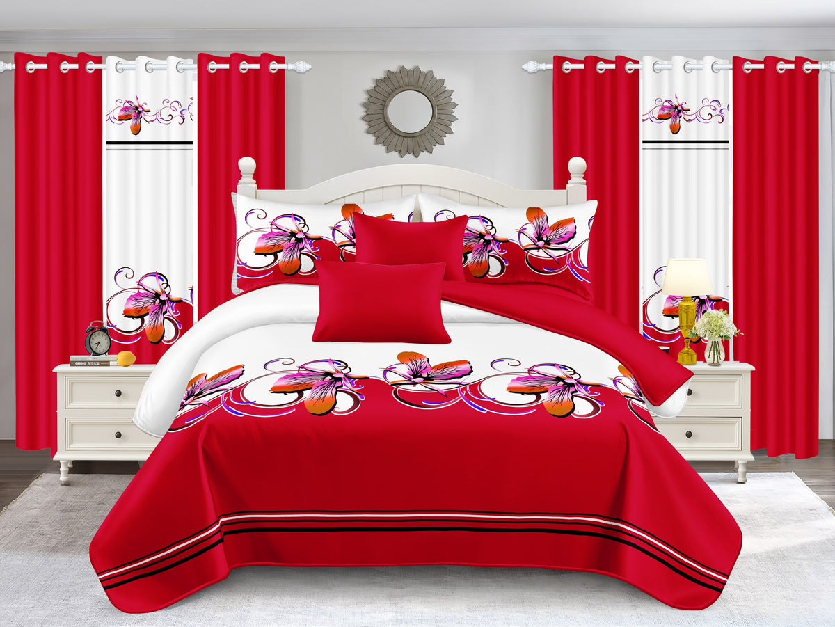 Red & White Butterfly bedspread and curtain set - coordinated bedroom