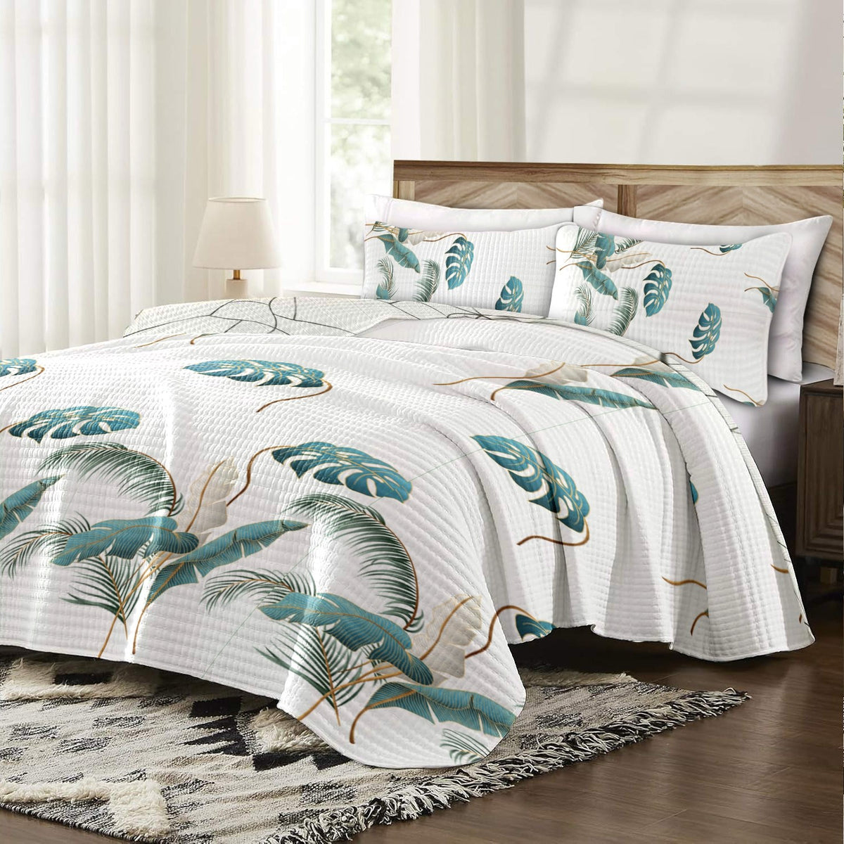 Teal Botanical bedspread and curtain set - coordinated bedroom