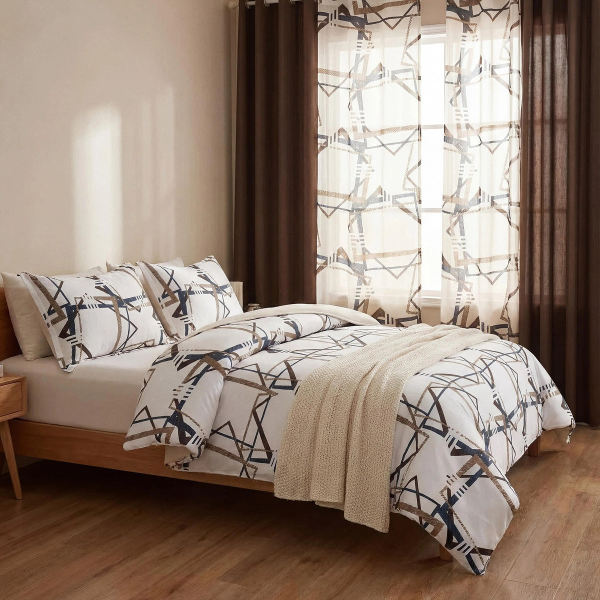 Brown Geometric bedspread and curtain set - coordinated bedroom
