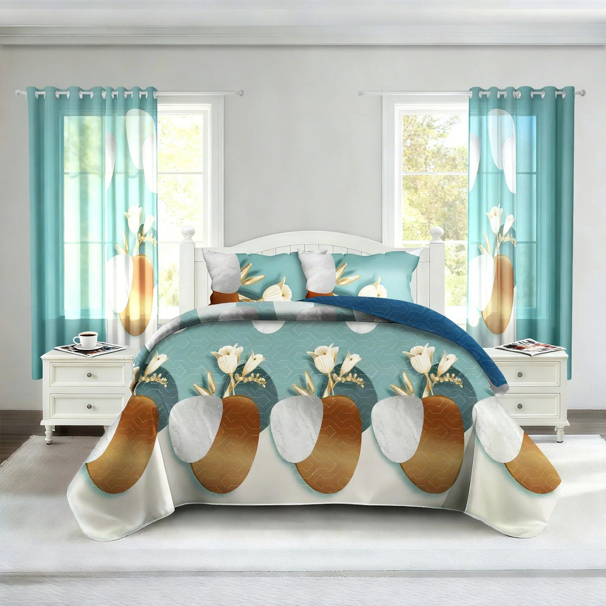 Green Geometric Circle bedspread and curtain set - coordinated bedroom
