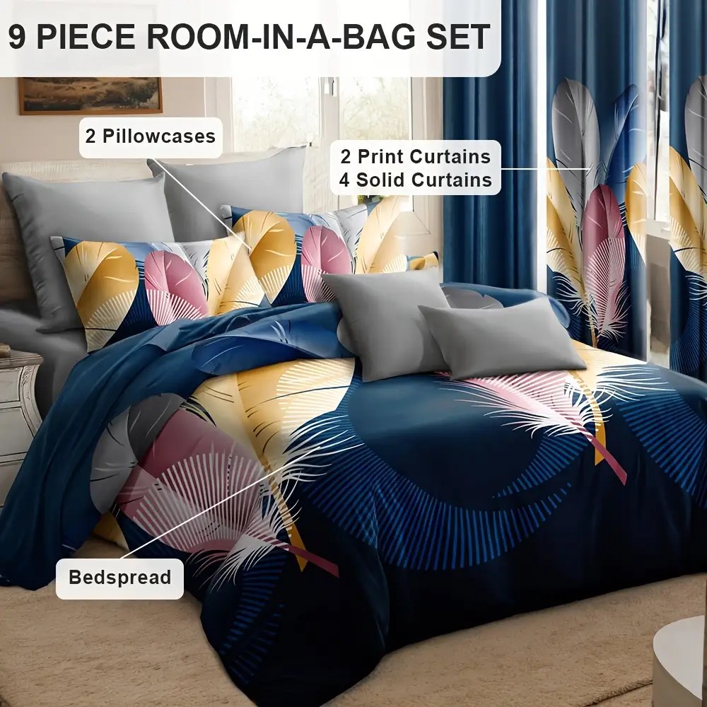 Navy Feather bedspread and curtain set - coordinated bedroom