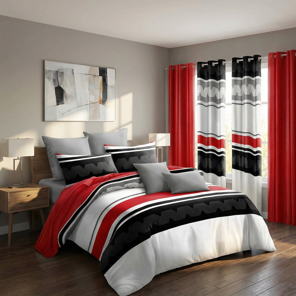 Red & Black Geometric Chevron bedspread and curtain set - coordinated bedroom