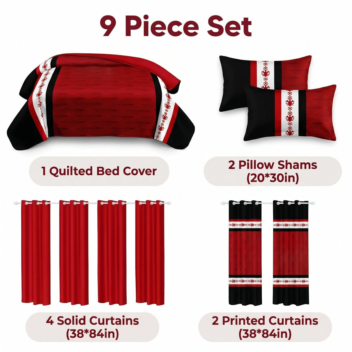 Black & Red Bohemian bedspread and curtain set - coordinated bedroom