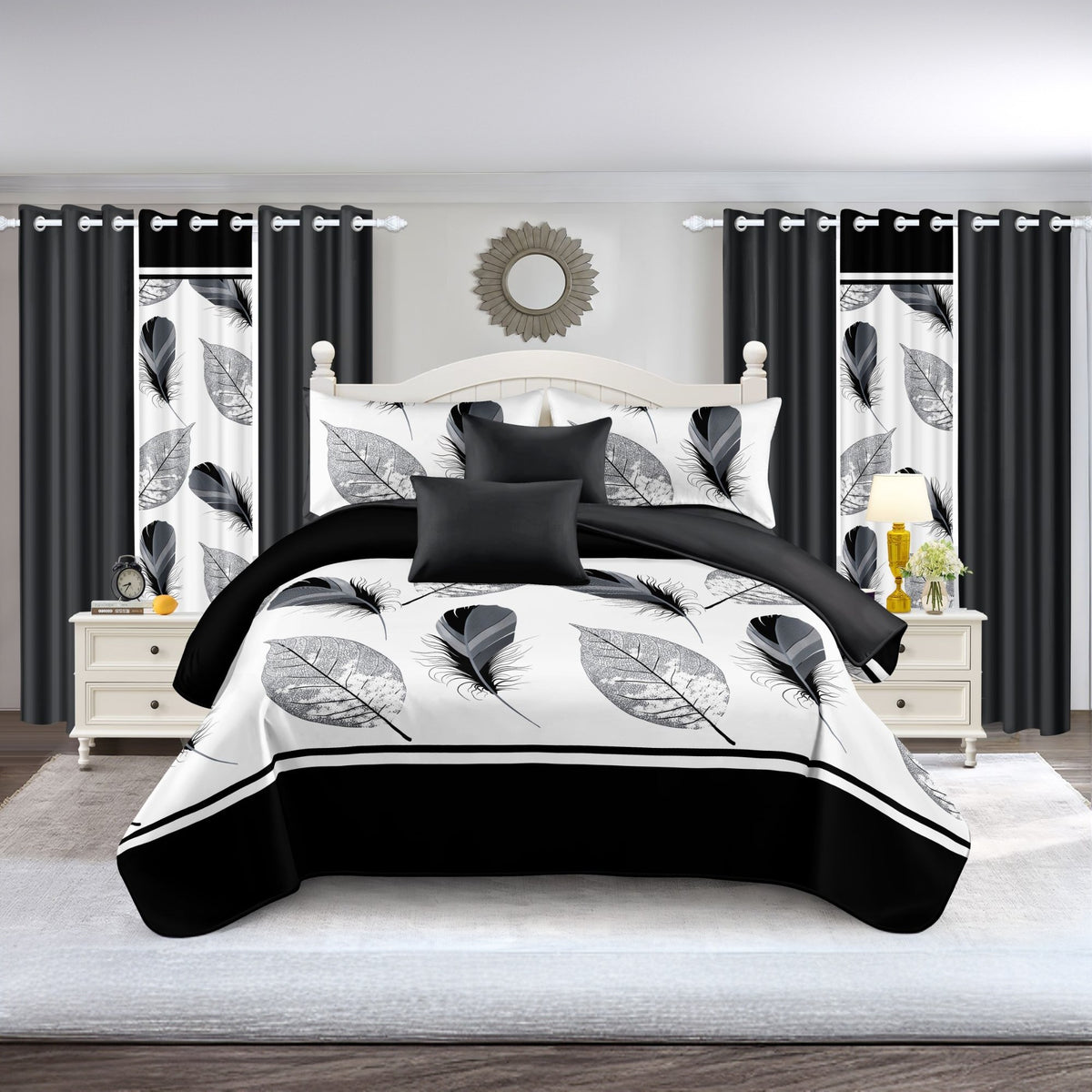 Black & White Feather bedspread and curtain set - coordinated bedroom