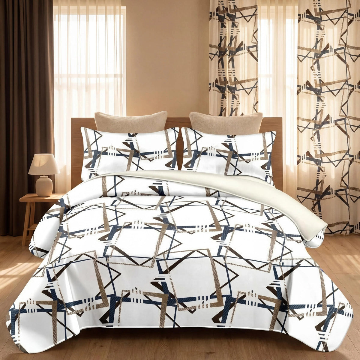 Brown Geometric bedspread and curtain set - coordinated bedroom