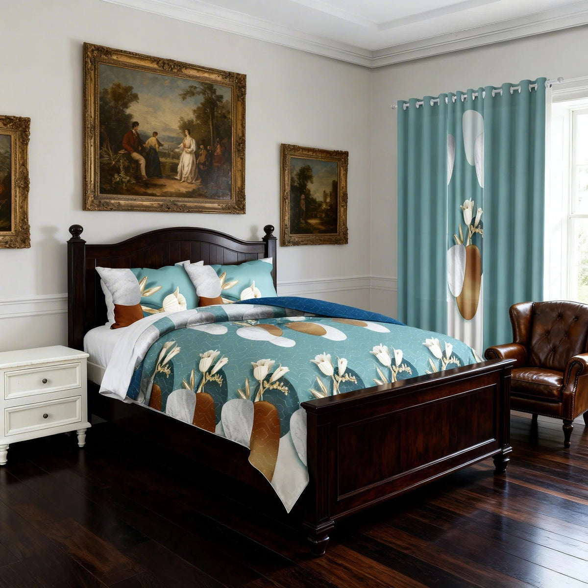 Green Geometric Circle bedspread and curtain set - coordinated bedroom