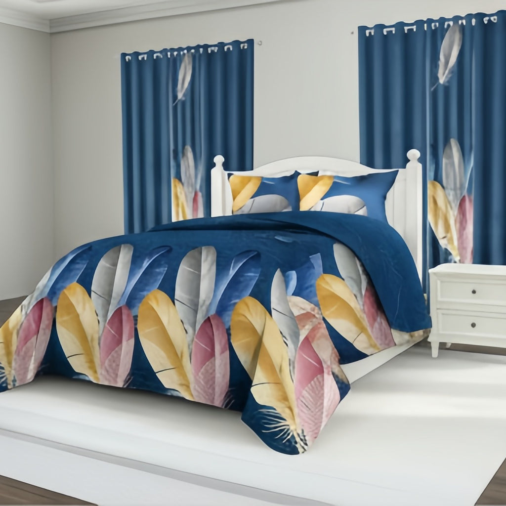 Navy Feather bedspread and curtain set - coordinated bedroom