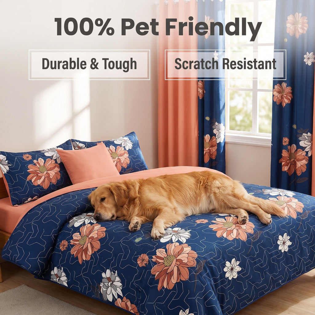 Navy & Red Floral bedspread and curtain set - pet-friendly bedroom scene