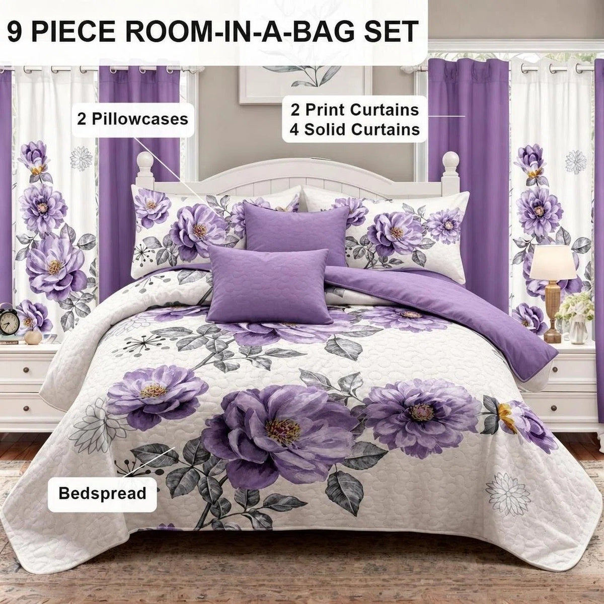 Purple Gem Floral bedspread and curtain set - set arrangement