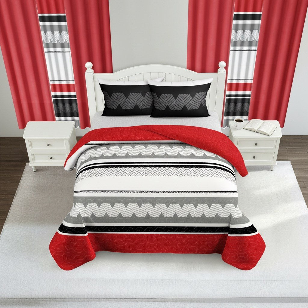 Red & Black Geometric Chevron bedspread and curtain set - coordinated bedroom