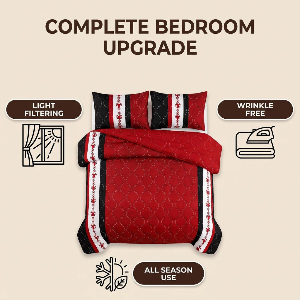 Black & Red Bohemian bedspread and curtain set - coordinated bedroom