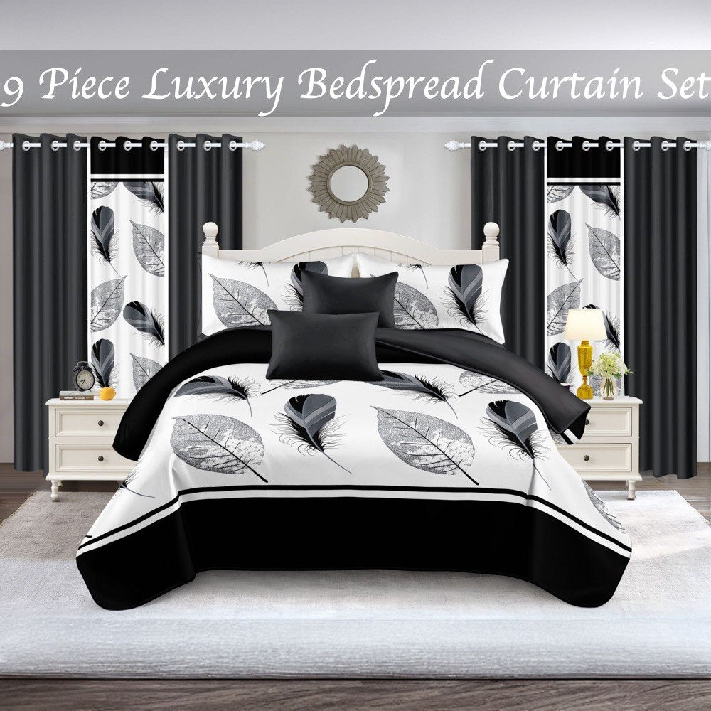 Black & White Feather bedspread and curtain set - coordinated bedroom