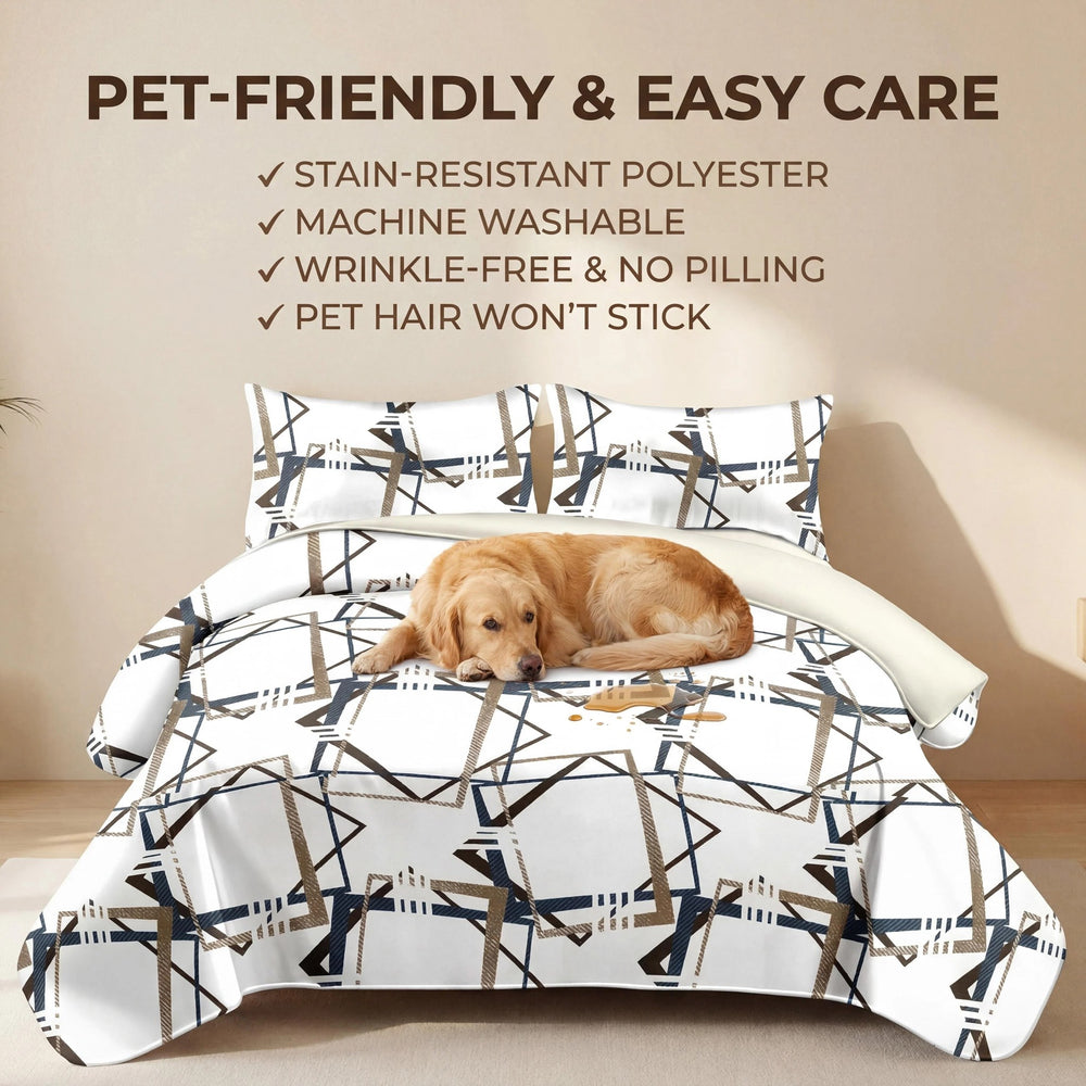 Dog resting on the coordinated bedspread, illustrating pet-friendly fabric and reduced hair cling