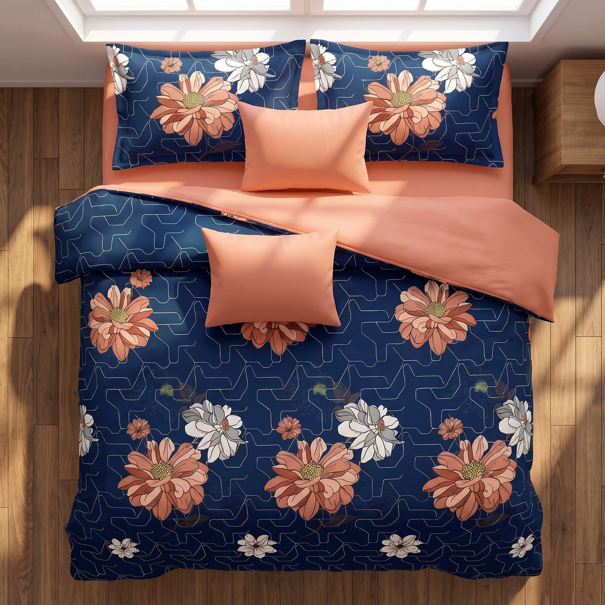 Navy & Red Floral bedspread and curtain set - coordinated bedroom