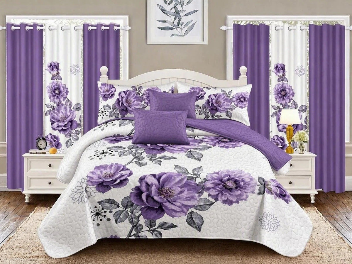 Purple Gem Floral bedspread and curtain set - bedroom view