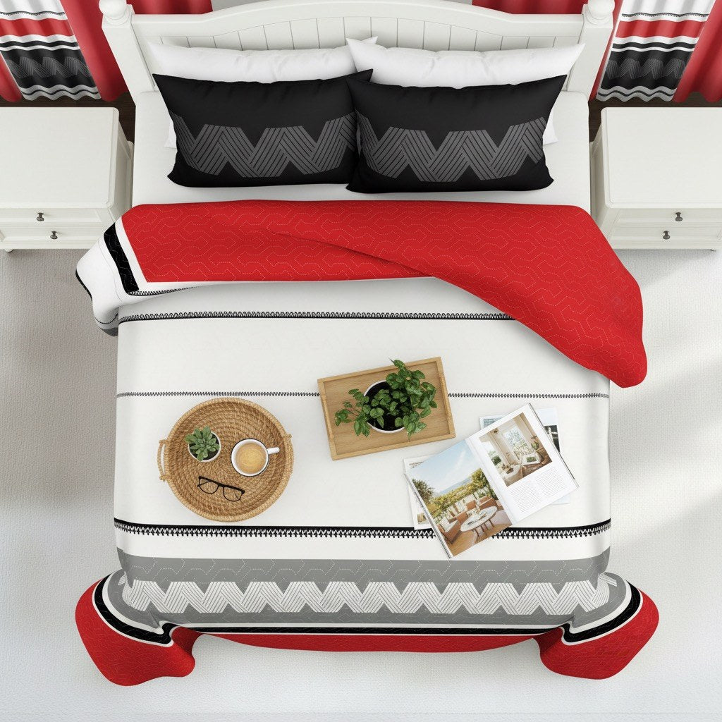 Red & Black Geometric Chevron bedspread and curtain set - coordinated bedroom