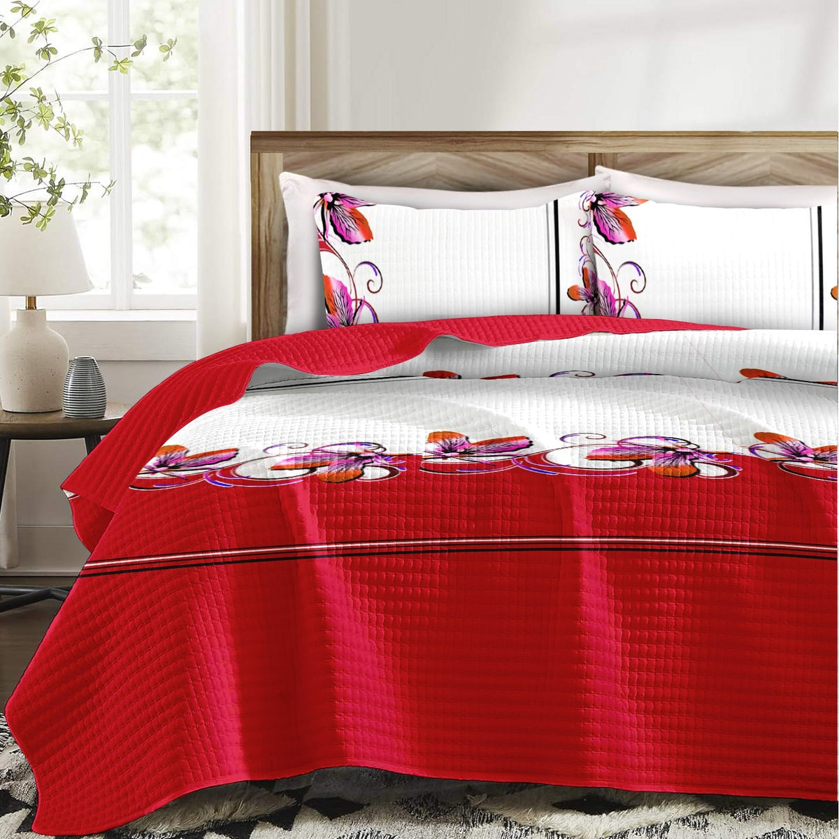 Red & White Butterfly bedspread and curtain set - coordinated bedroom