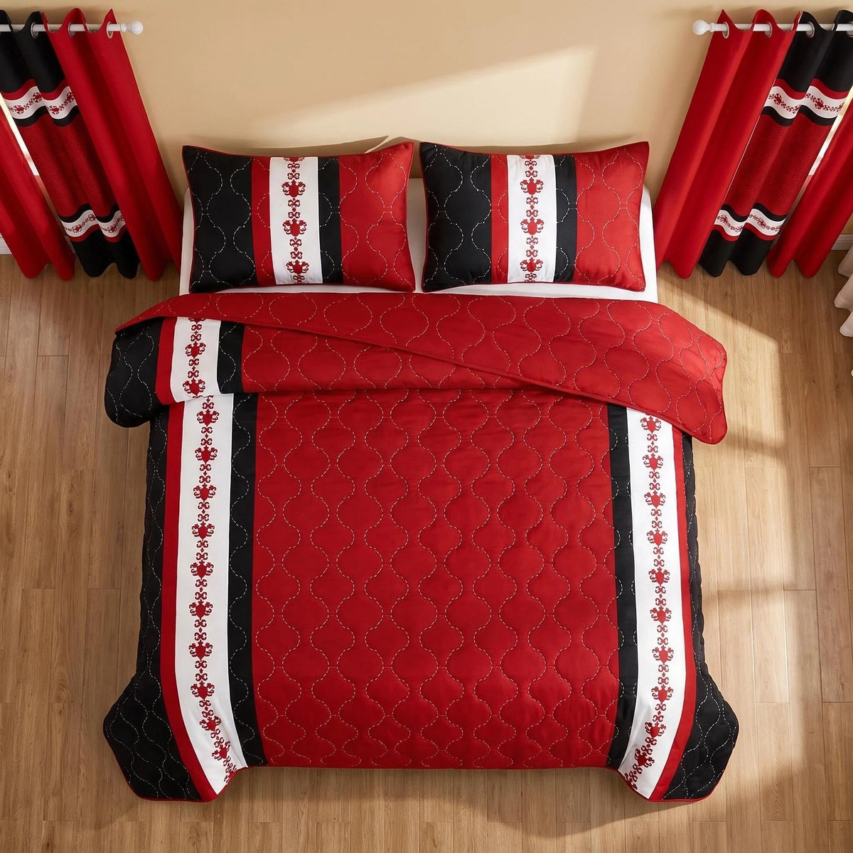 Black & Red Bohemian bedspread and curtain set - coordinated bedroom