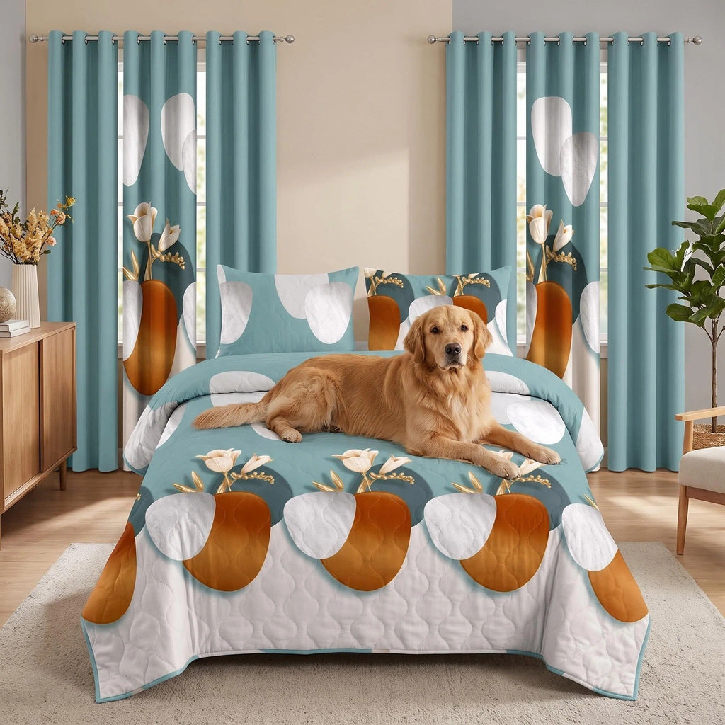 Green Geometric Circle bedspread and curtain set - pet-friendly bedroom scene