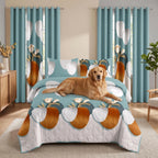 Green Geometric Circle bedspread and curtain set - pet-friendly bedroom scene