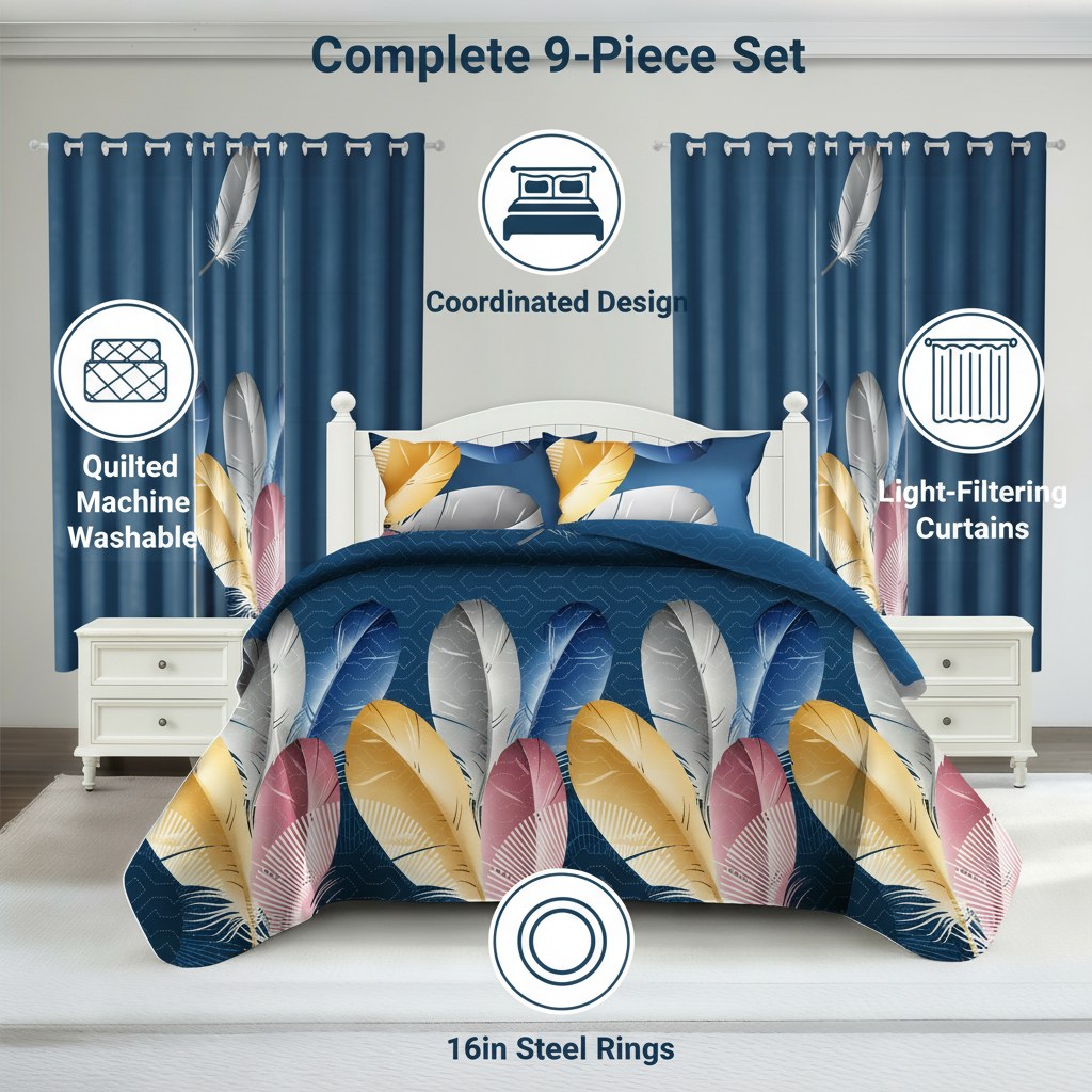 Navy Feather bedspread and curtain set - coordinated bedroom