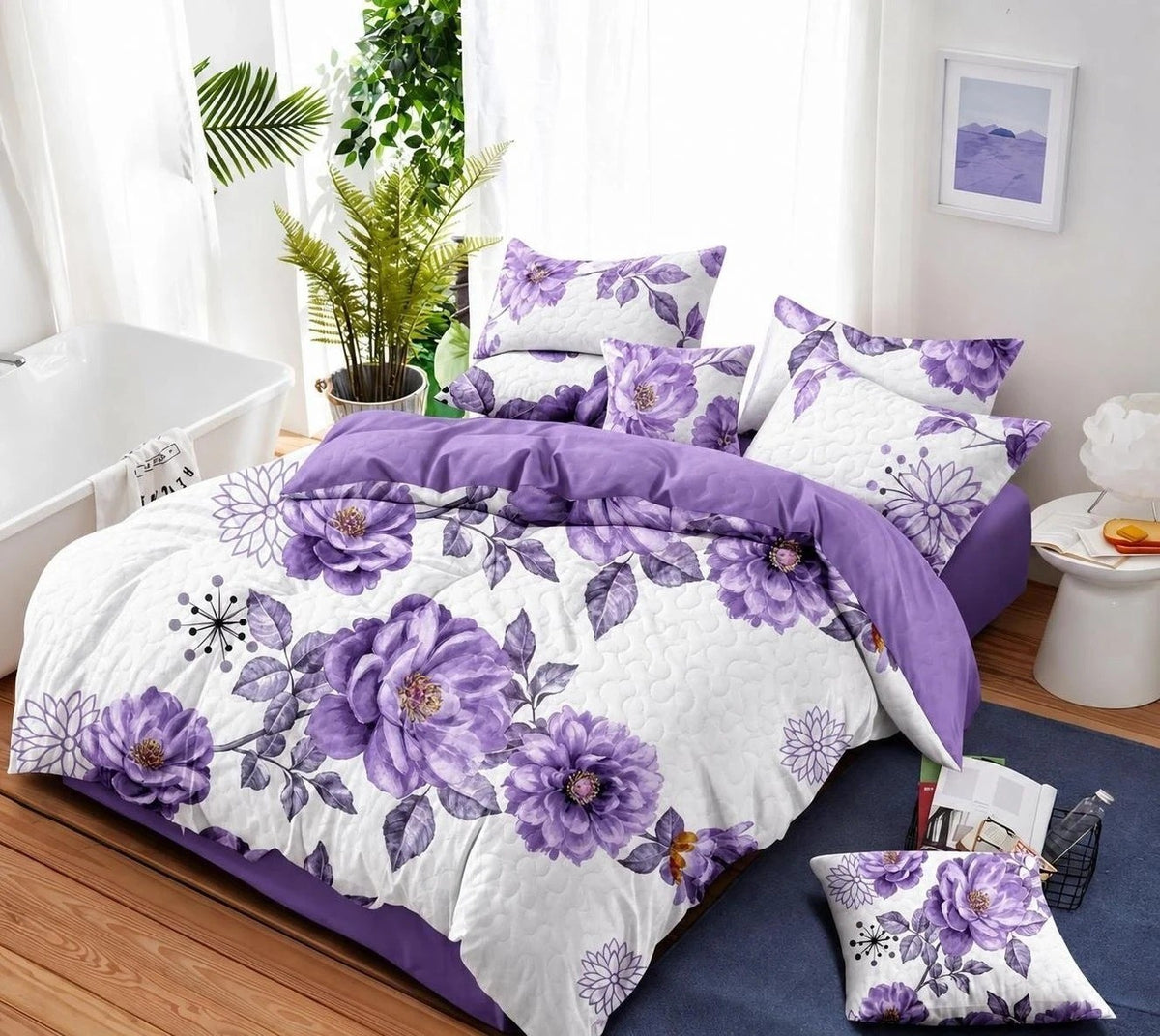 Purple Gem Floral bedspread and curtain set - bedroom view