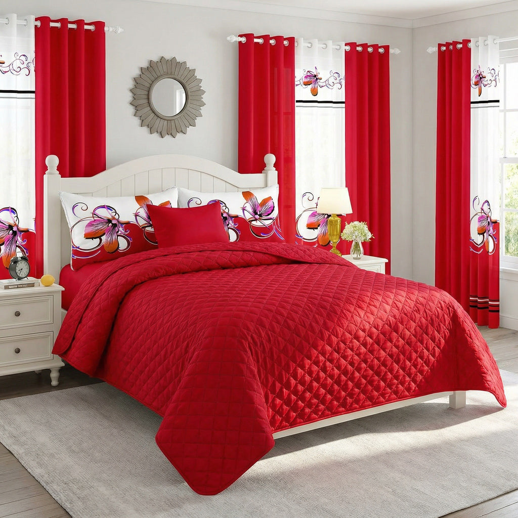 Red & White Butterfly bedspread and curtain set - coordinated bedroom