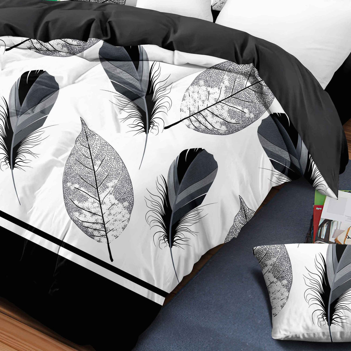 Black & White Feather bedspread and curtain set - coordinated bedroom