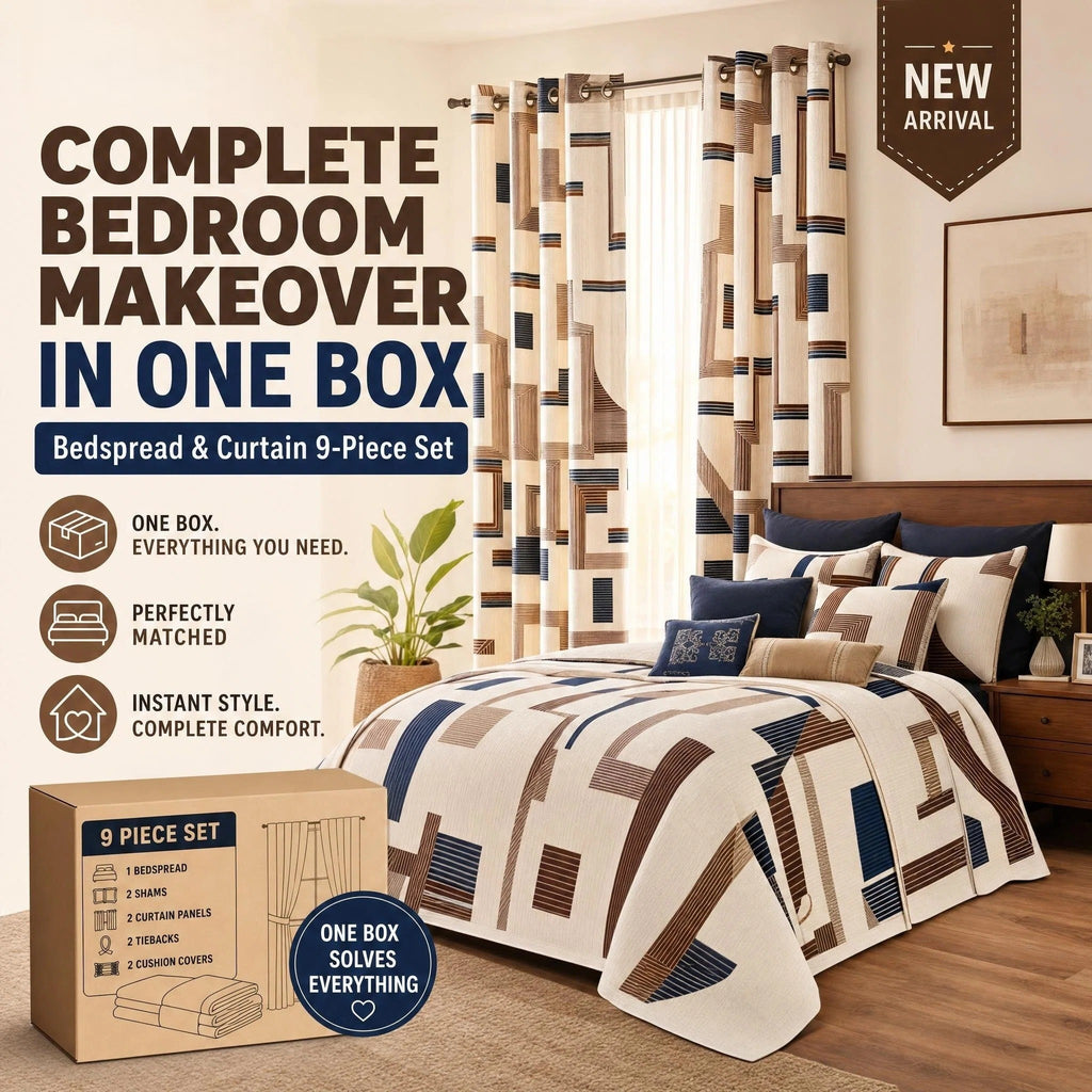 Brown Geometric bedspread and curtain set - coordinated bedroom