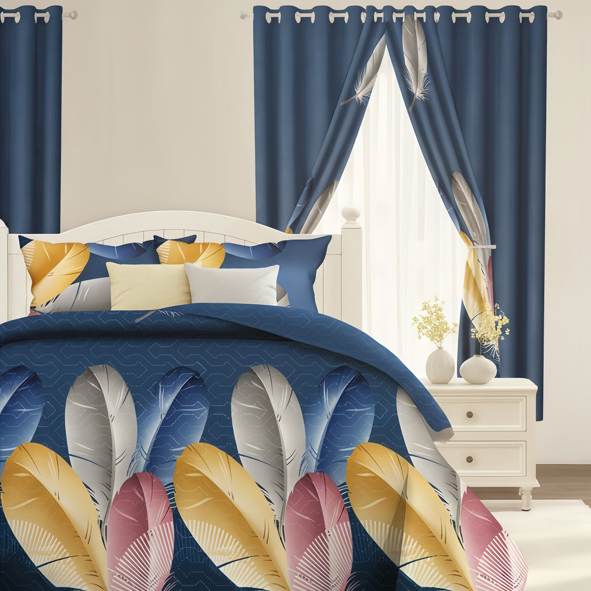 Navy Feather bedspread and curtain set - coordinated bedroom