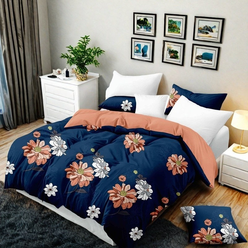Navy & Red Floral bedspread and curtain set - coordinated bedroom