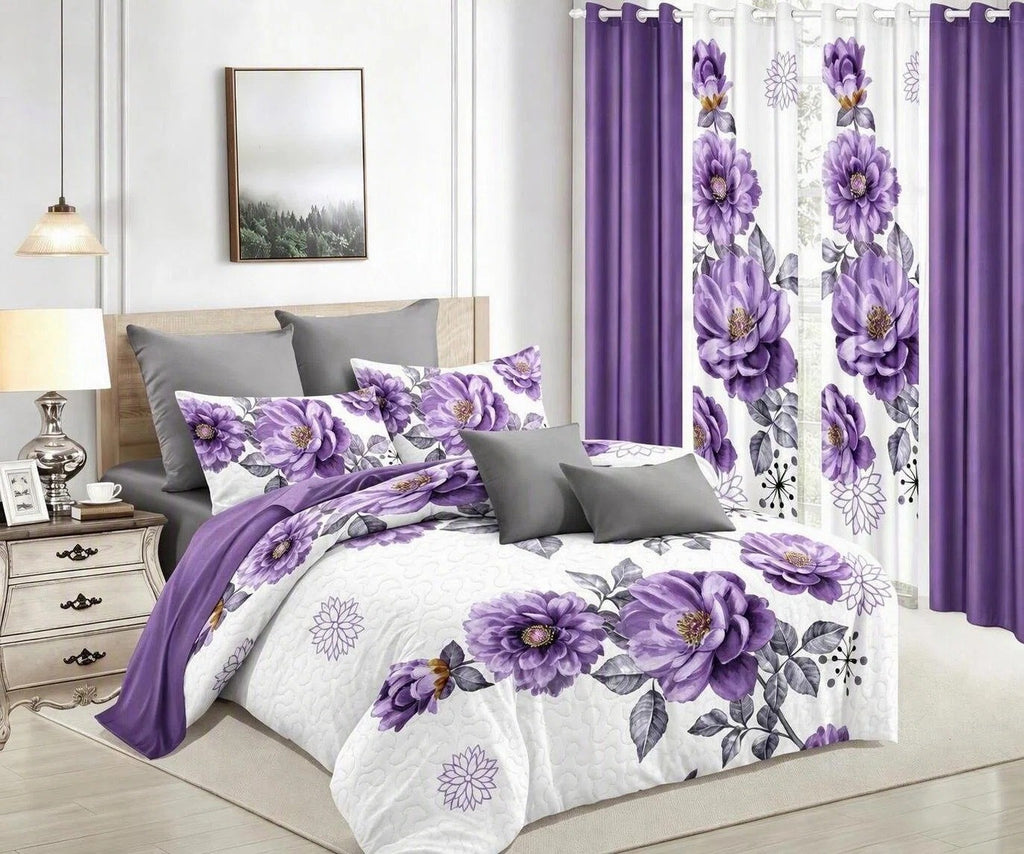 Purple Gem Floral bedspread and curtain set - bedroom view