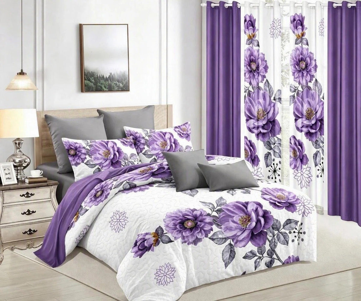 Purple Gem Floral bedspread and curtain set - bedroom view
