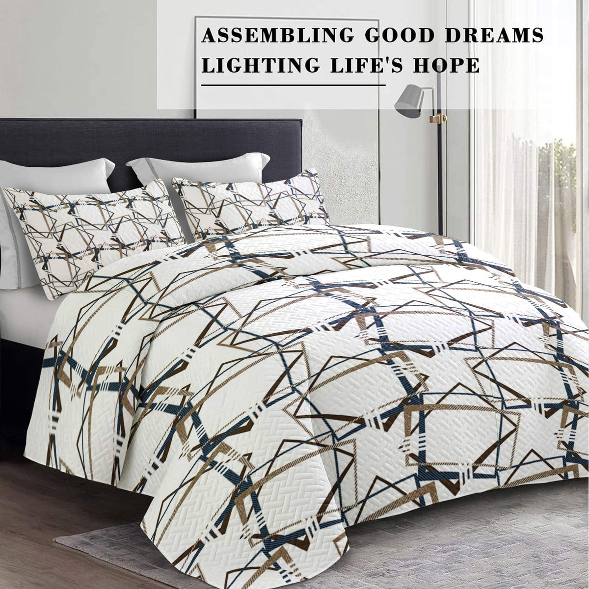 Brown Geometric bedspread and curtain set - coordinated bedroom