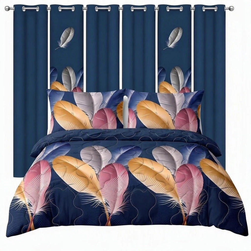 Navy Feather bedspread and curtain set - coordinated bedroom