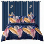 Navy Feather bedspread and curtain set - coordinated bedroom