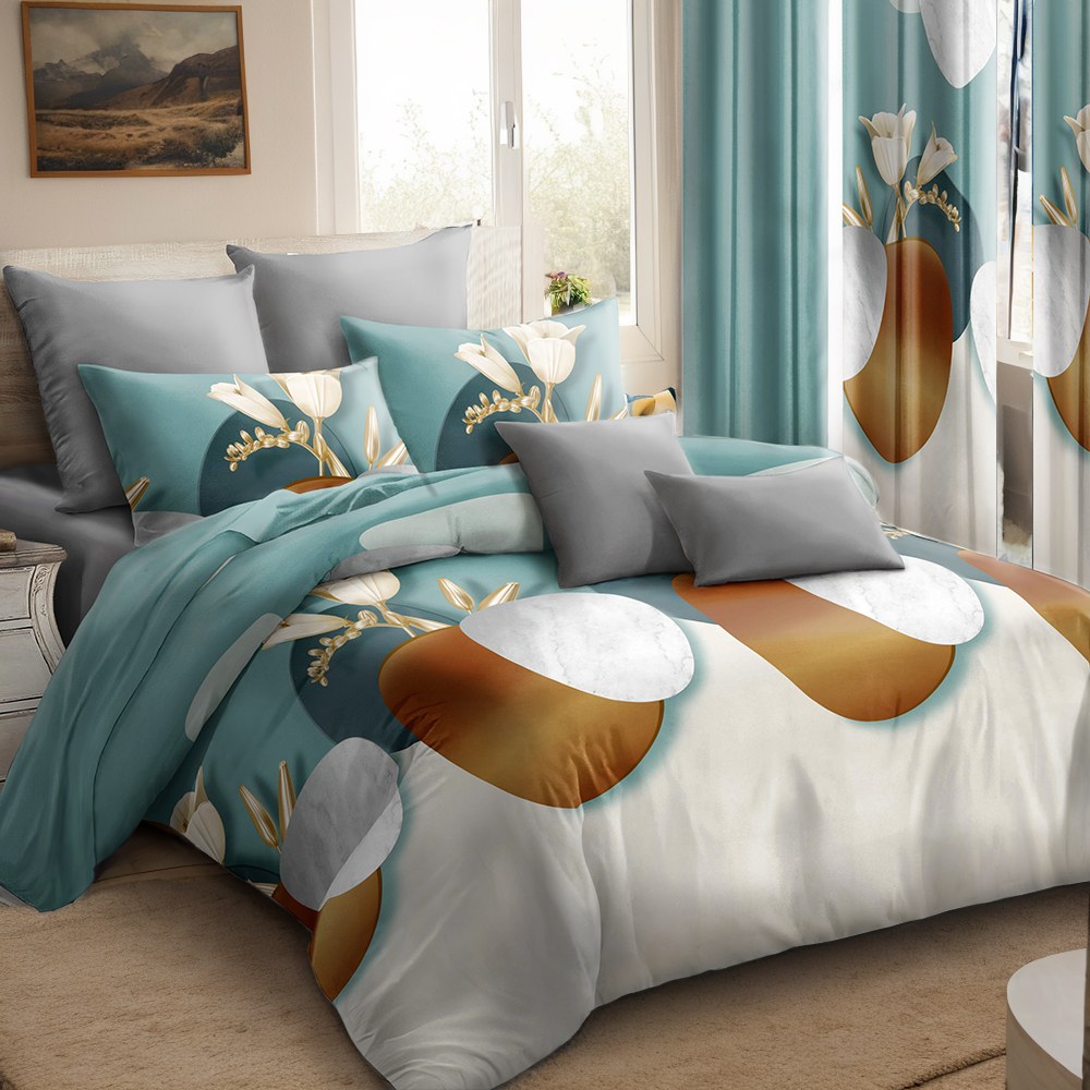 Green Geometric Circle bedspread and curtain set - coordinated bedroom