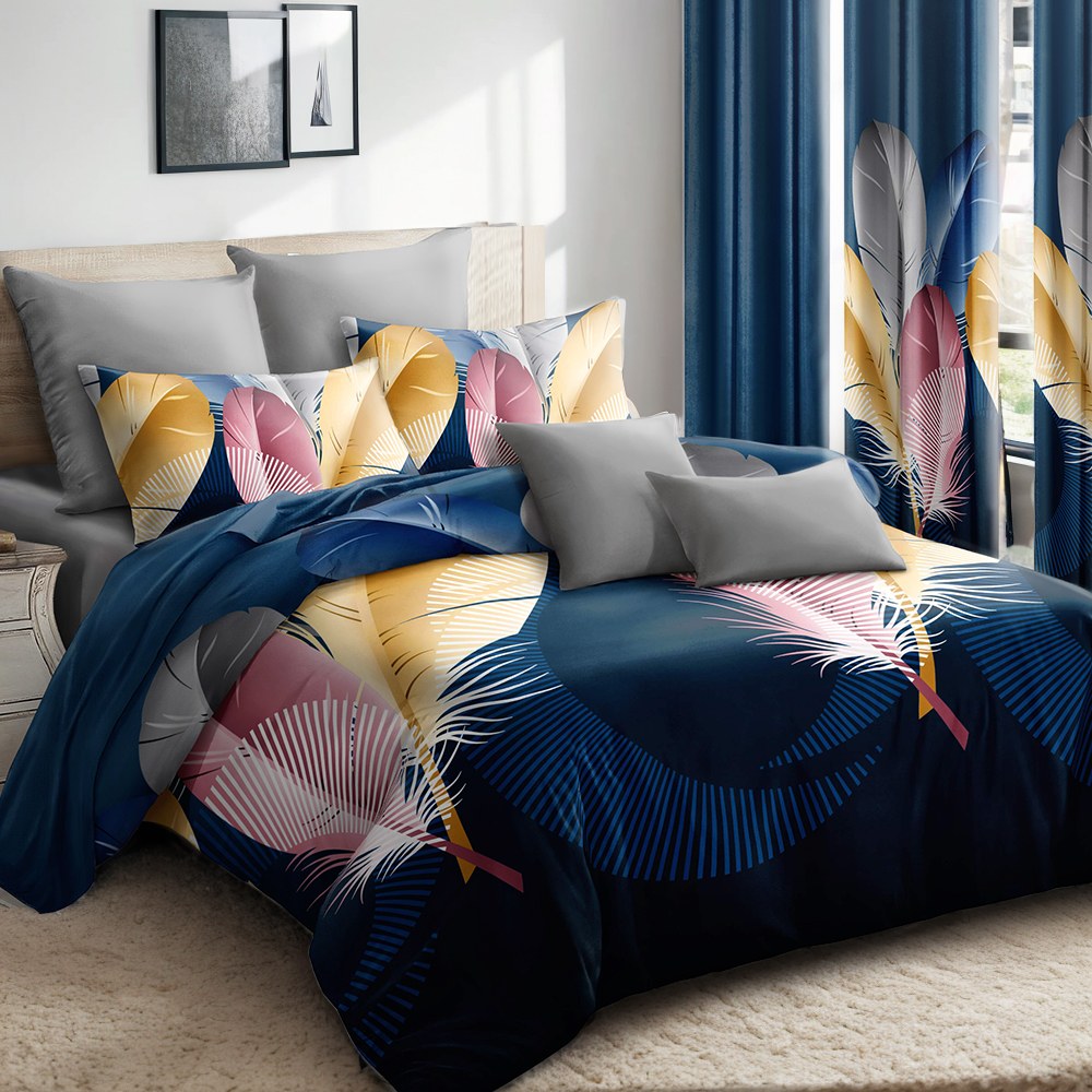 Navy Feather bedspread and curtain set - coordinated bedroom