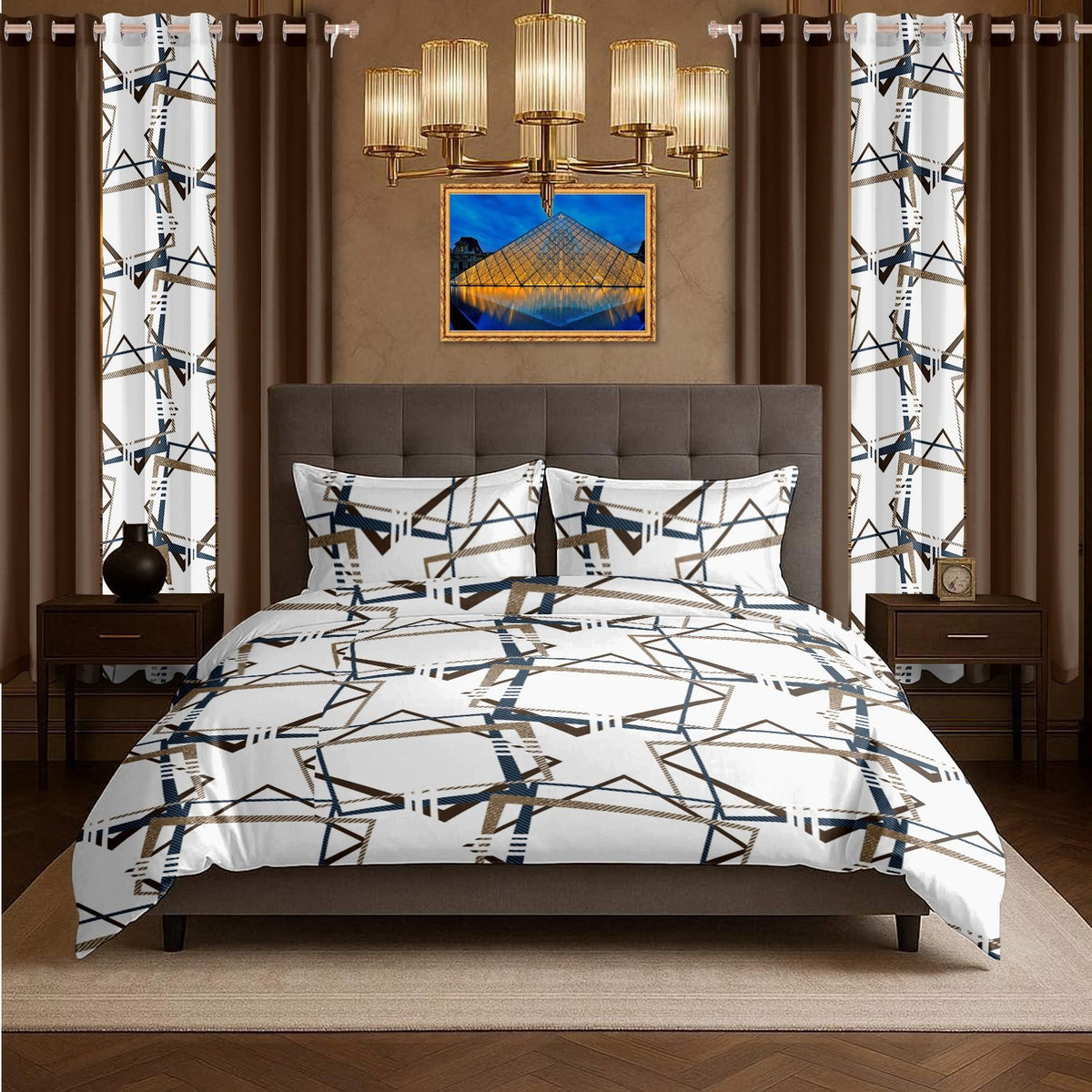 Brown Geometric bedspread and curtain set - coordinated bedroom