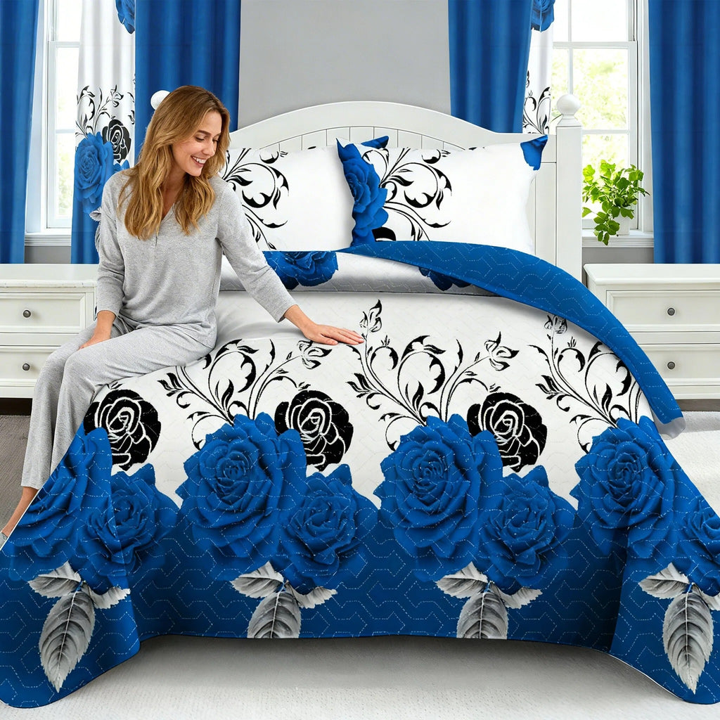 Blue & Black Rose Bedspread & Curtain Set – 9 Pieces