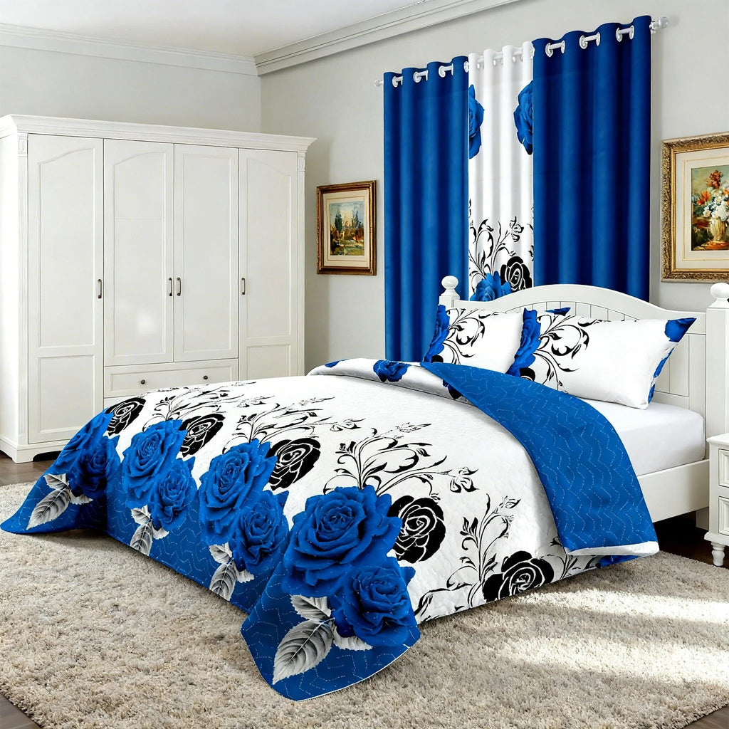 Blue & Black Rose Bedspread & Curtain Set – 9 Pieces