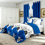 Blue & Black Rose Bedspread & Curtain Set – 9 Pieces