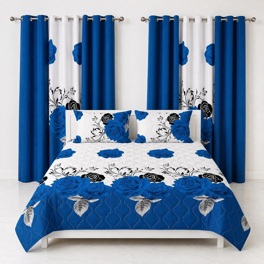 Blue & Black Rose Bedspread & Curtain Set – 9 Pieces